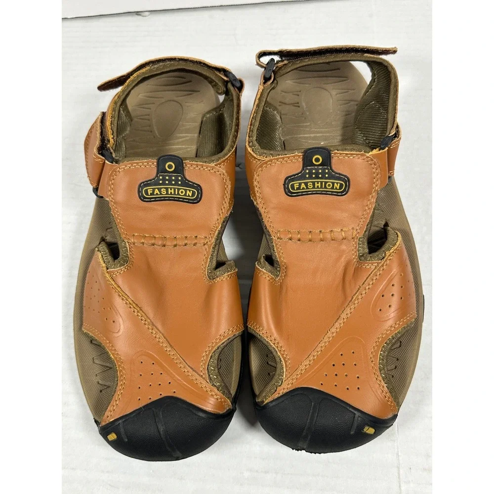 Fashion Mens Tan Brown Closed Toe Sport Hiking Sandals Size 47 Adjustable Strap